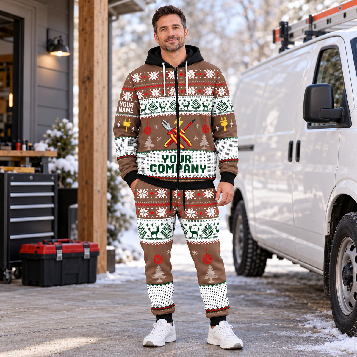 Electrician Christmas zip hoodie and jogger hero with custom name and company
