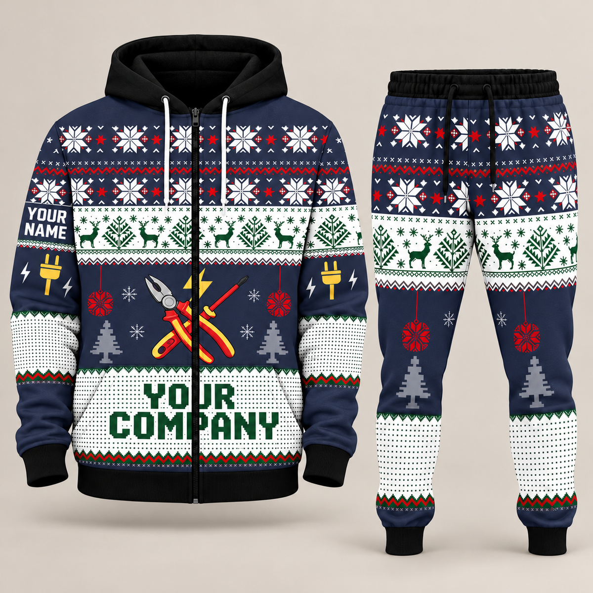 Electrician Christmas zip hoodie and jogger navy with custom name and company