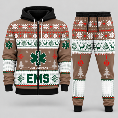 EMS Christmas zip hoodie and jogger brown with custom name and company