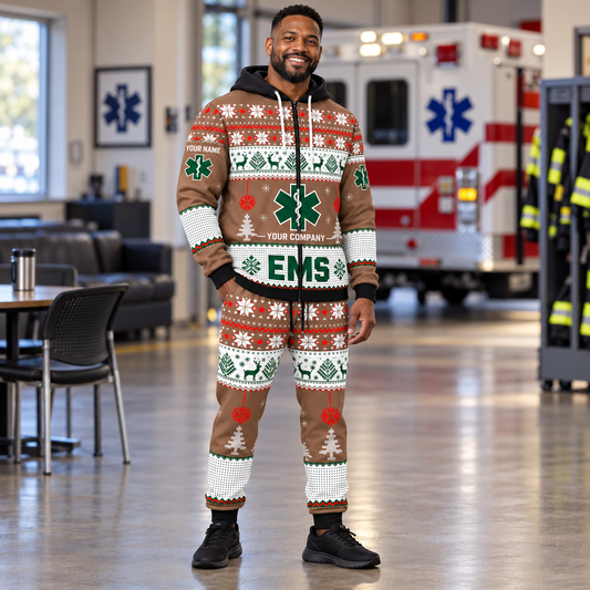 EMS Christmas zip hoodie and jogger lifestyle with custom name and company