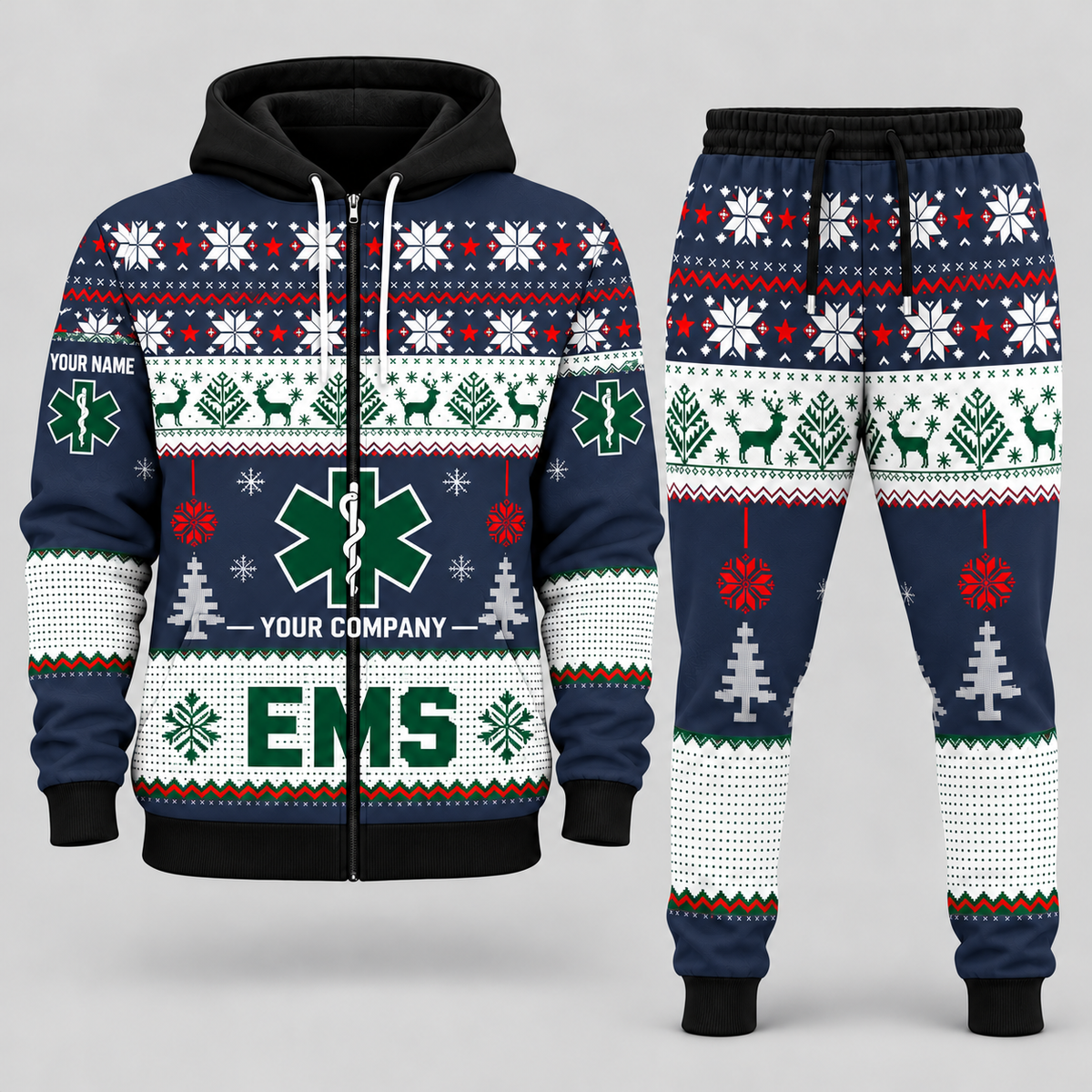 EMS Christmas zip hoodie and jogger navy with custom name and company