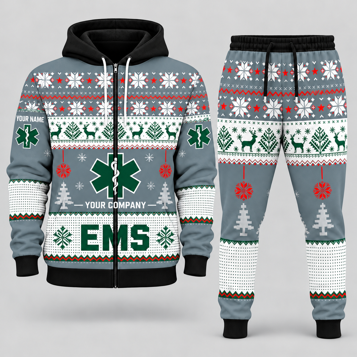 EMS Christmas zip hoodie and jogger slate with custom name and company