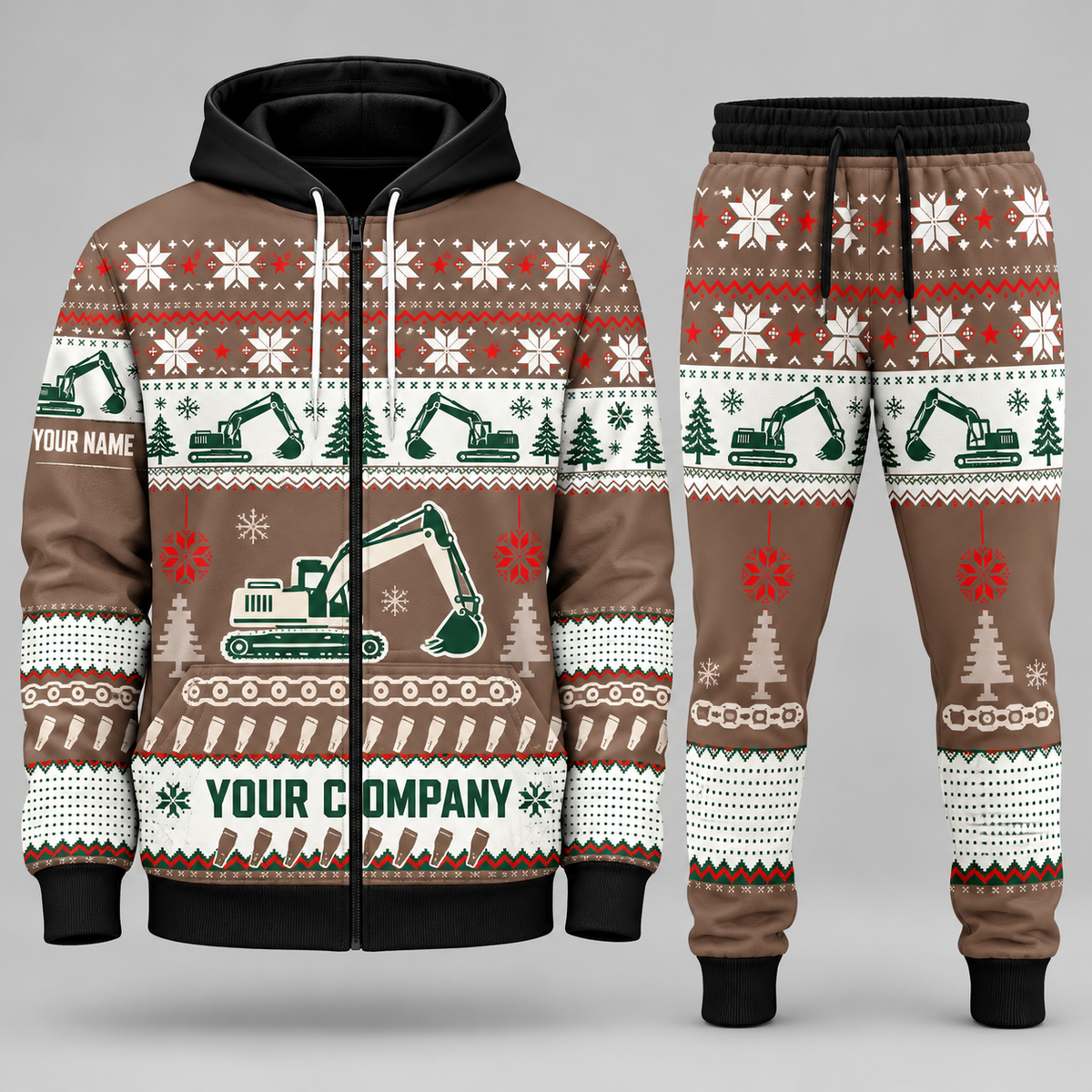 Excavator Operator Christmas zip hoodie and jogger brown with custom name and company