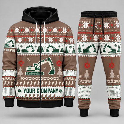 Excavator Operator Christmas zip hoodie and jogger brown with custom name and company