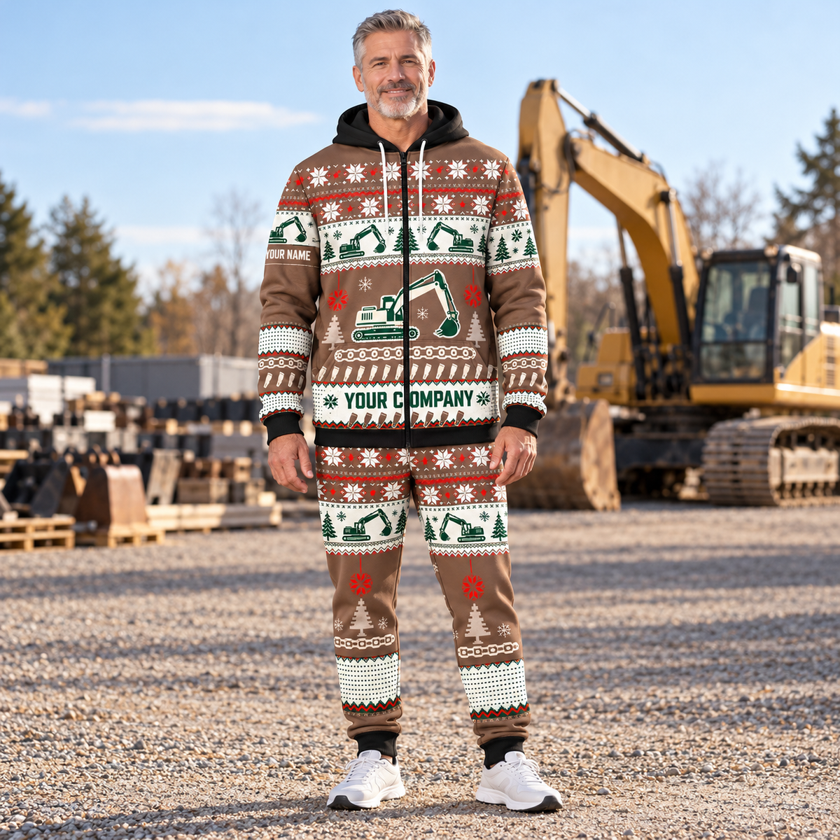 Excavator Operator Christmas zip hoodie and jogger lifestyle with custom name and company