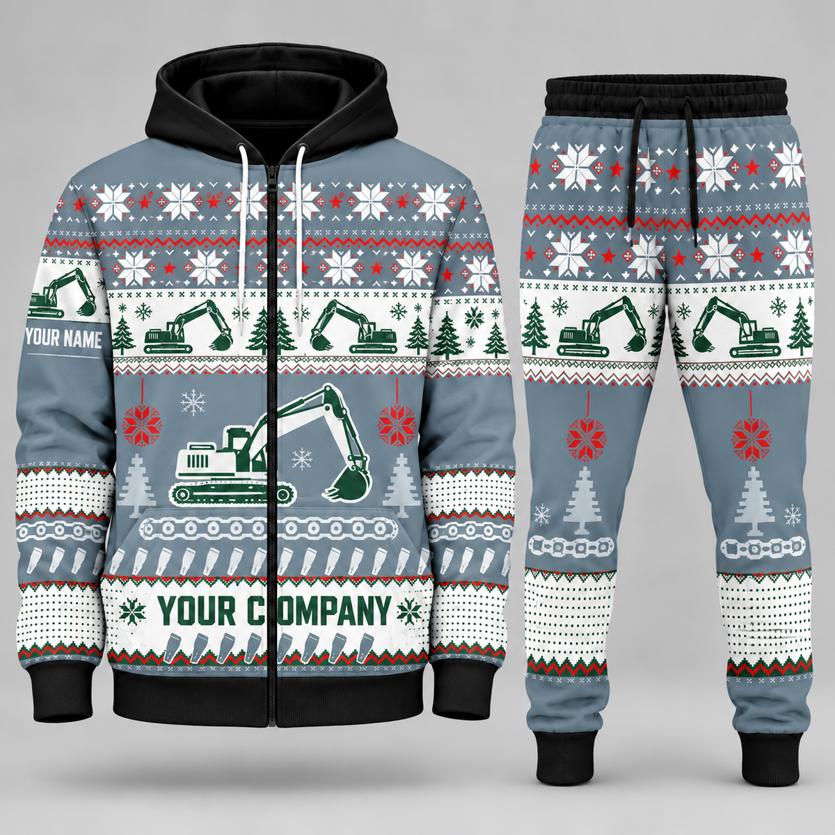 Excavator Operator Christmas zip hoodie and jogger slate with custom name and company