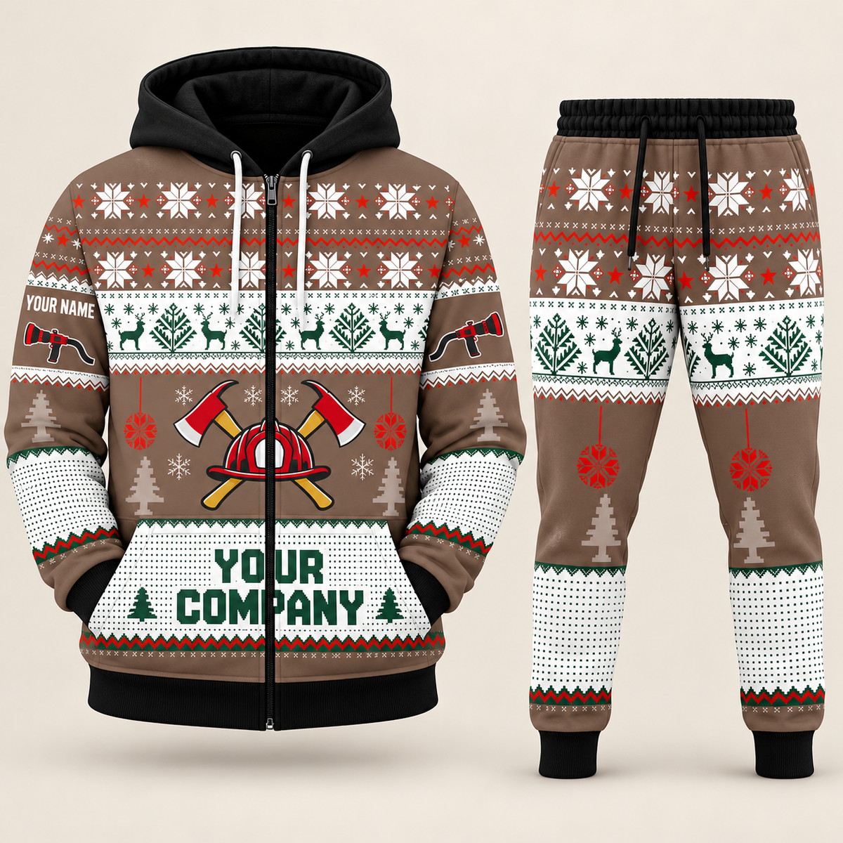 Firefighter Christmas zip hoodie and jogger brown with custom name and company