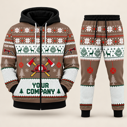Firefighter Christmas zip hoodie and jogger brown with custom name and company