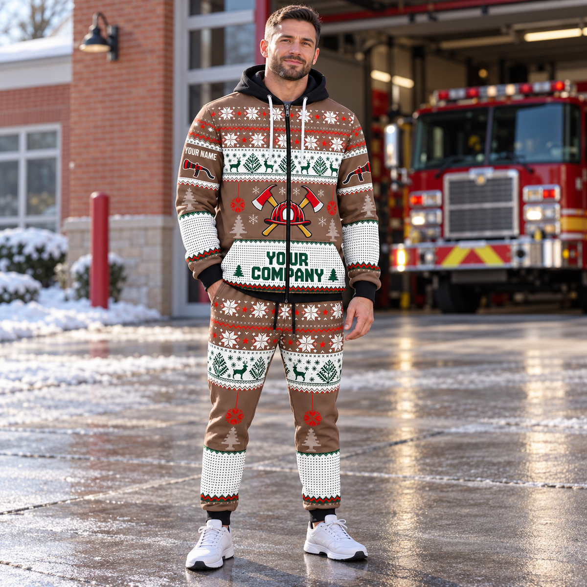 Firefighter Christmas zip hoodie and jogger hero with custom name and company