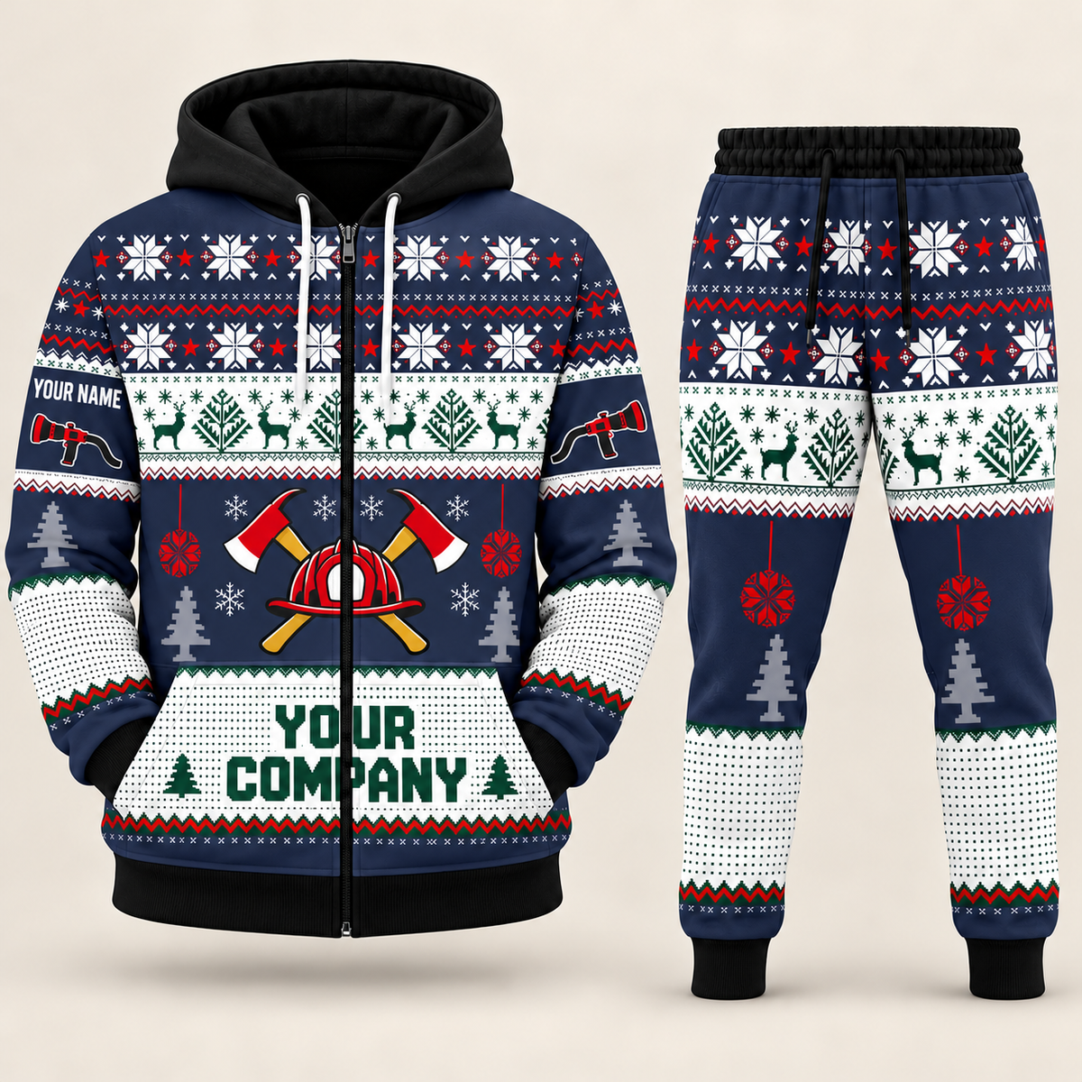 Firefighter Christmas zip hoodie and jogger navy with custom name and company