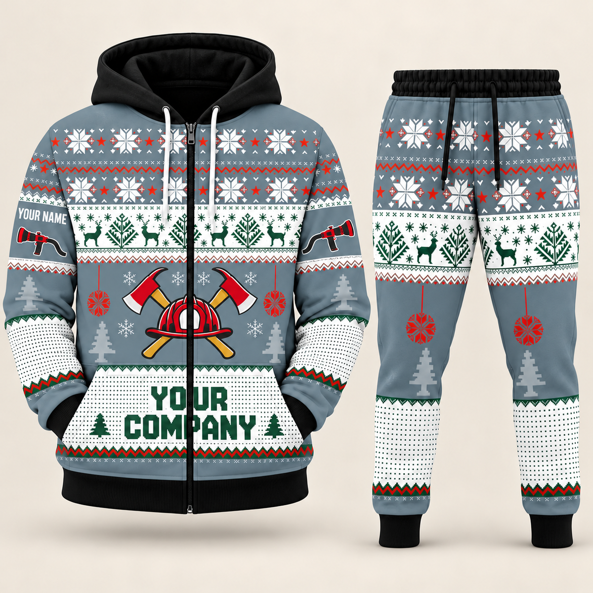 Firefighter Christmas zip hoodie and jogger slate with custom name and company