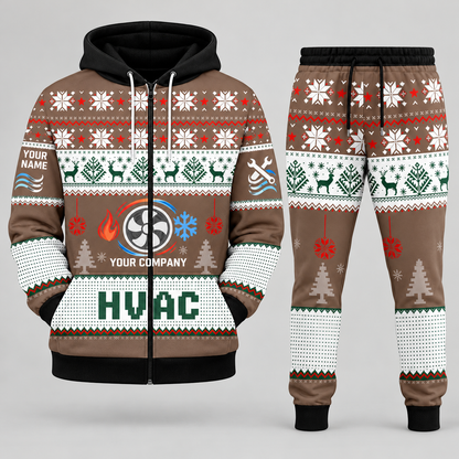 HVAC Christmas zip hoodie and jogger brown with custom name and company