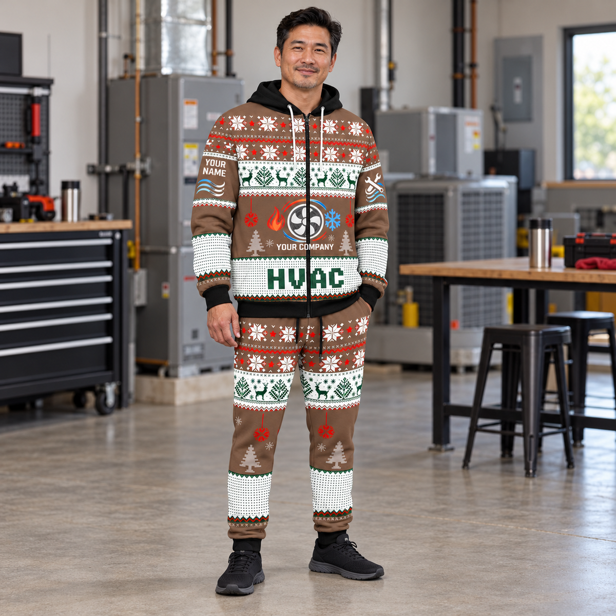 HVAC Christmas zip hoodie and jogger lifestyle with custom name and company
