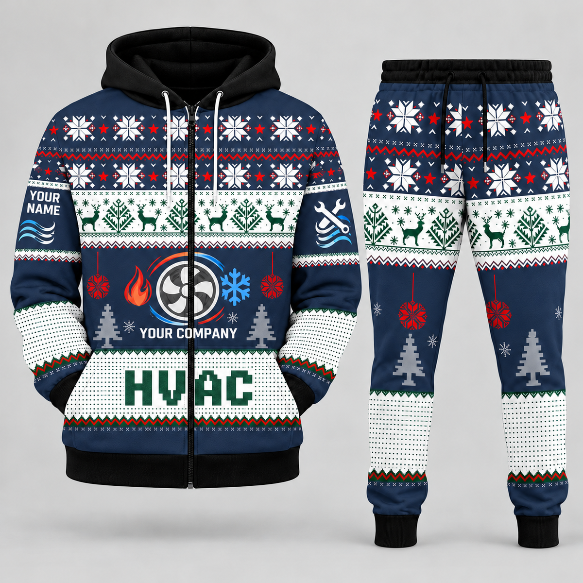 HVAC Christmas zip hoodie and jogger navy with custom name and company