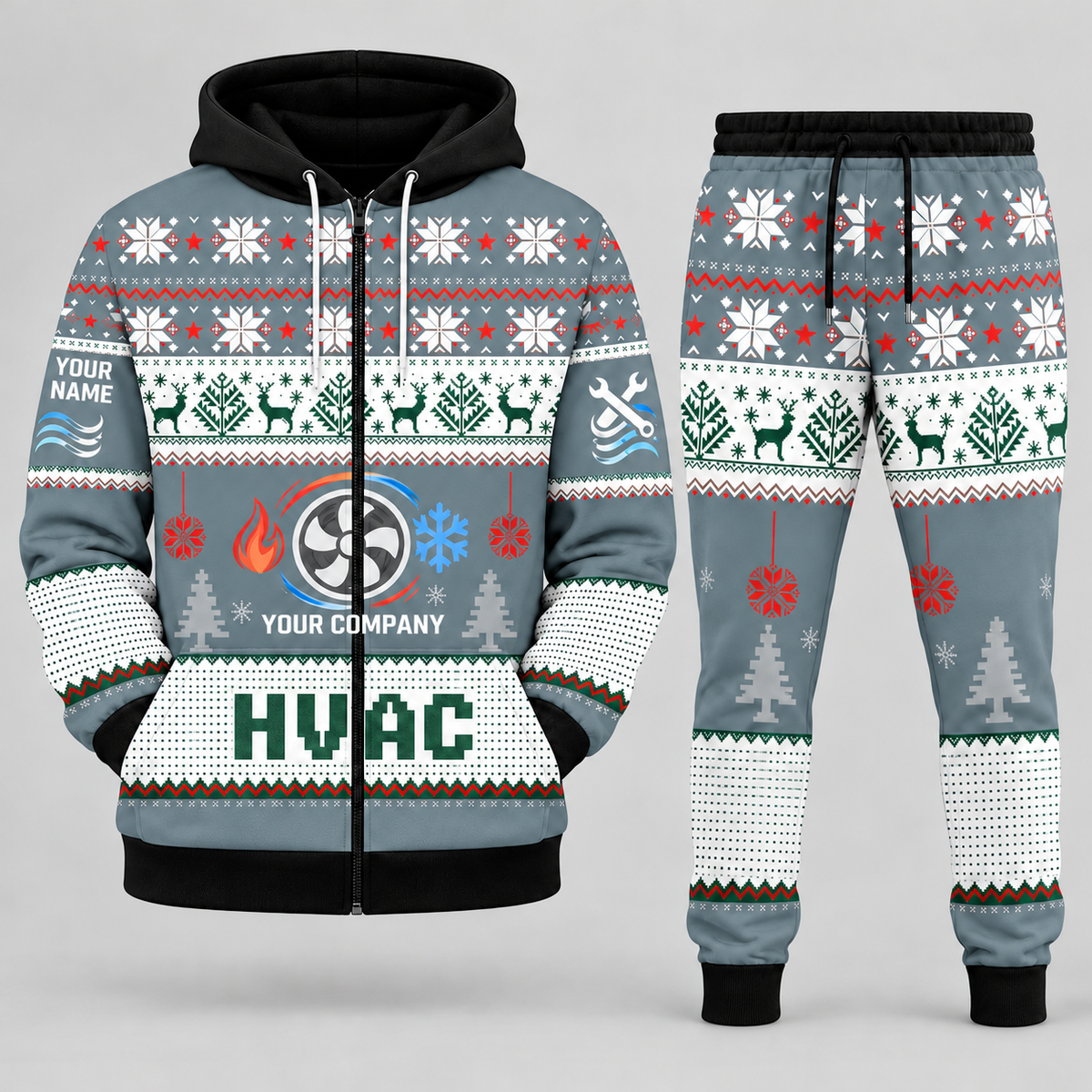 HVAC Christmas zip hoodie and jogger slate with custom name and company