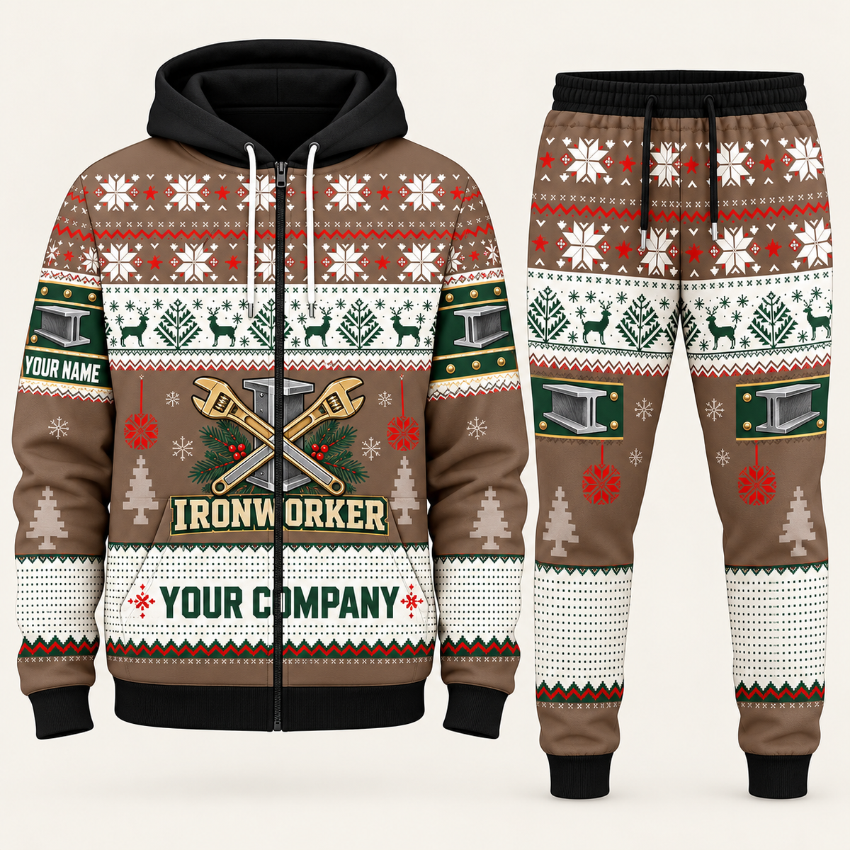 Ironworker Christmas zip hoodie and jogger brown with custom name and company