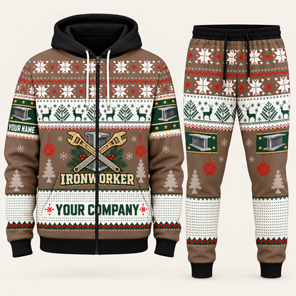 Ironworker Christmas zip hoodie and jogger brown with custom name and company
