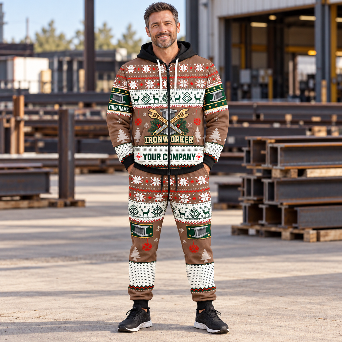 Ironworker Christmas zip hoodie and jogger lifestyle with custom name and company