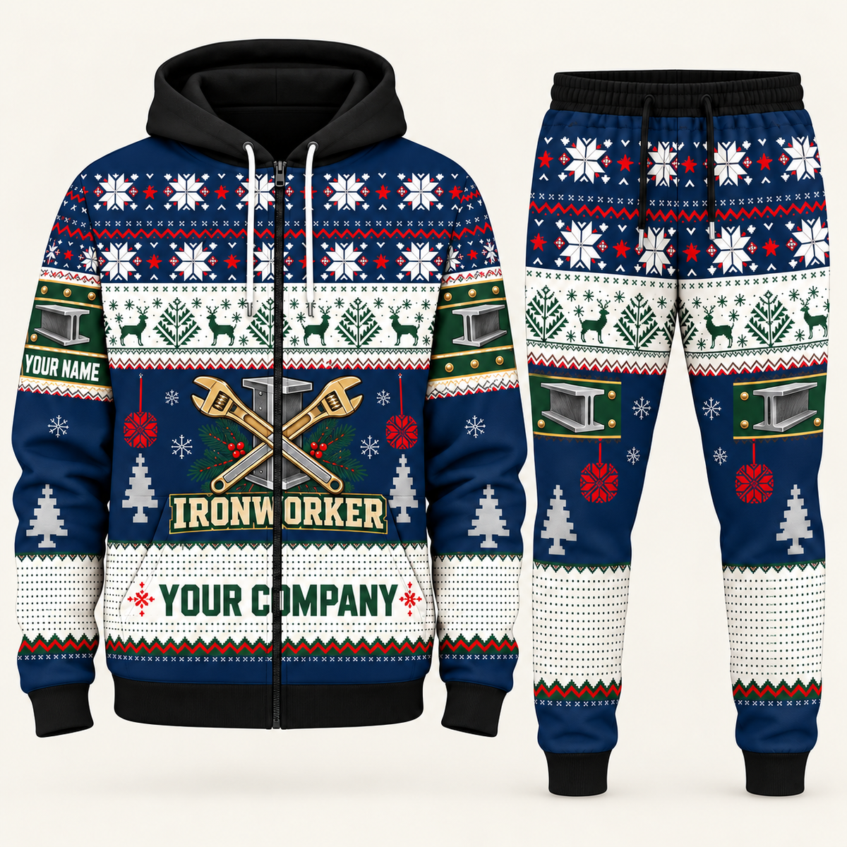 Ironworker Christmas zip hoodie and jogger navy with custom name and company
