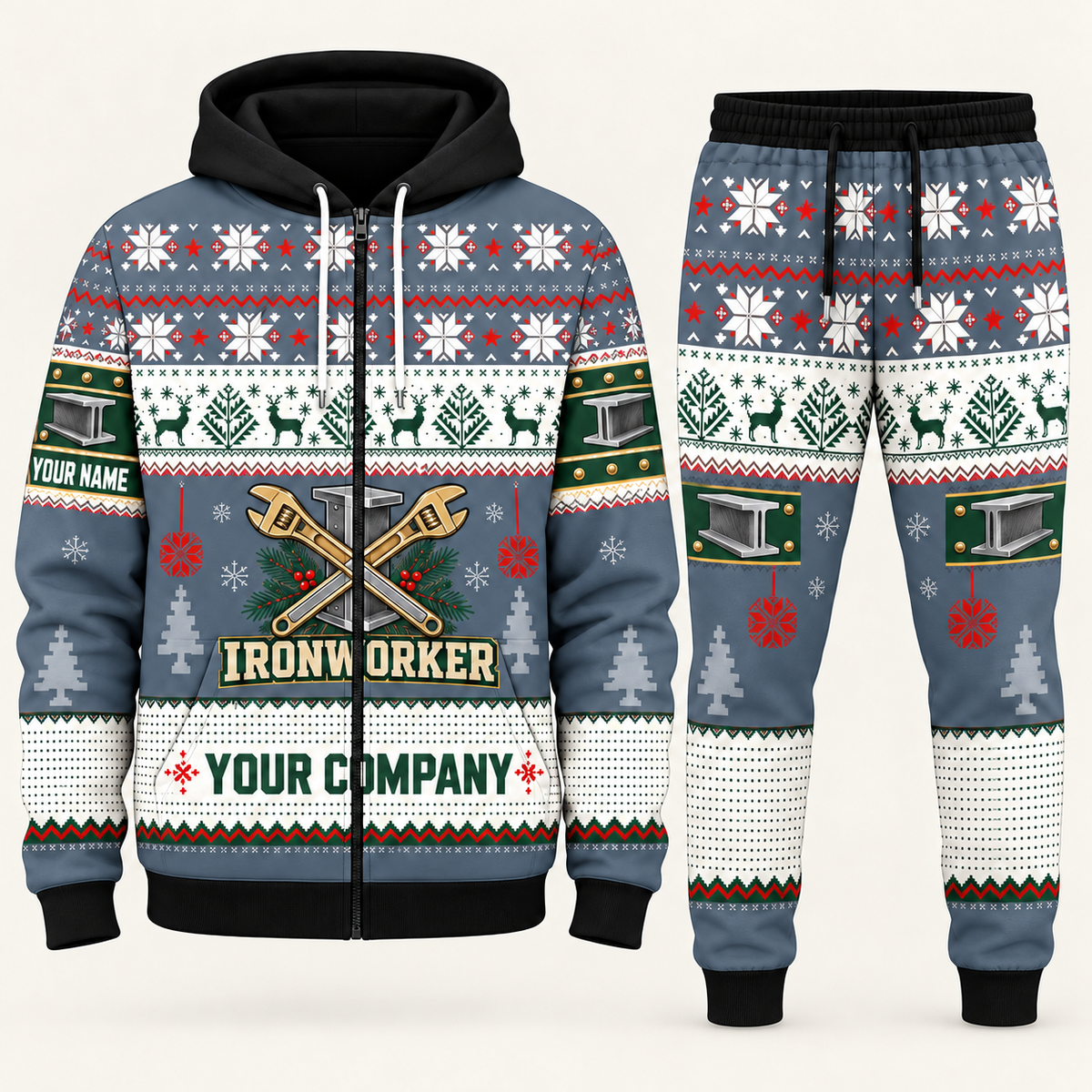 Ironworker Christmas zip hoodie and jogger slate with custom name and company