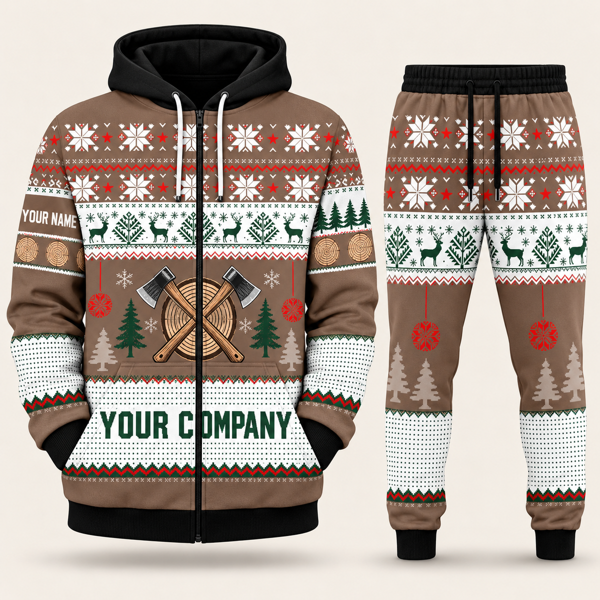 Logger Christmas zip hoodie and jogger brown with custom name and company