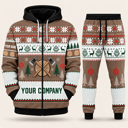 Logger Christmas zip hoodie and jogger brown with custom name and company