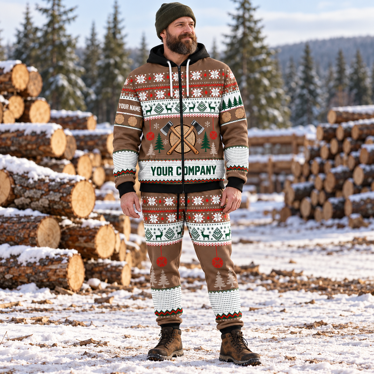 Logger Christmas zip hoodie and jogger lifestyle with custom name and company