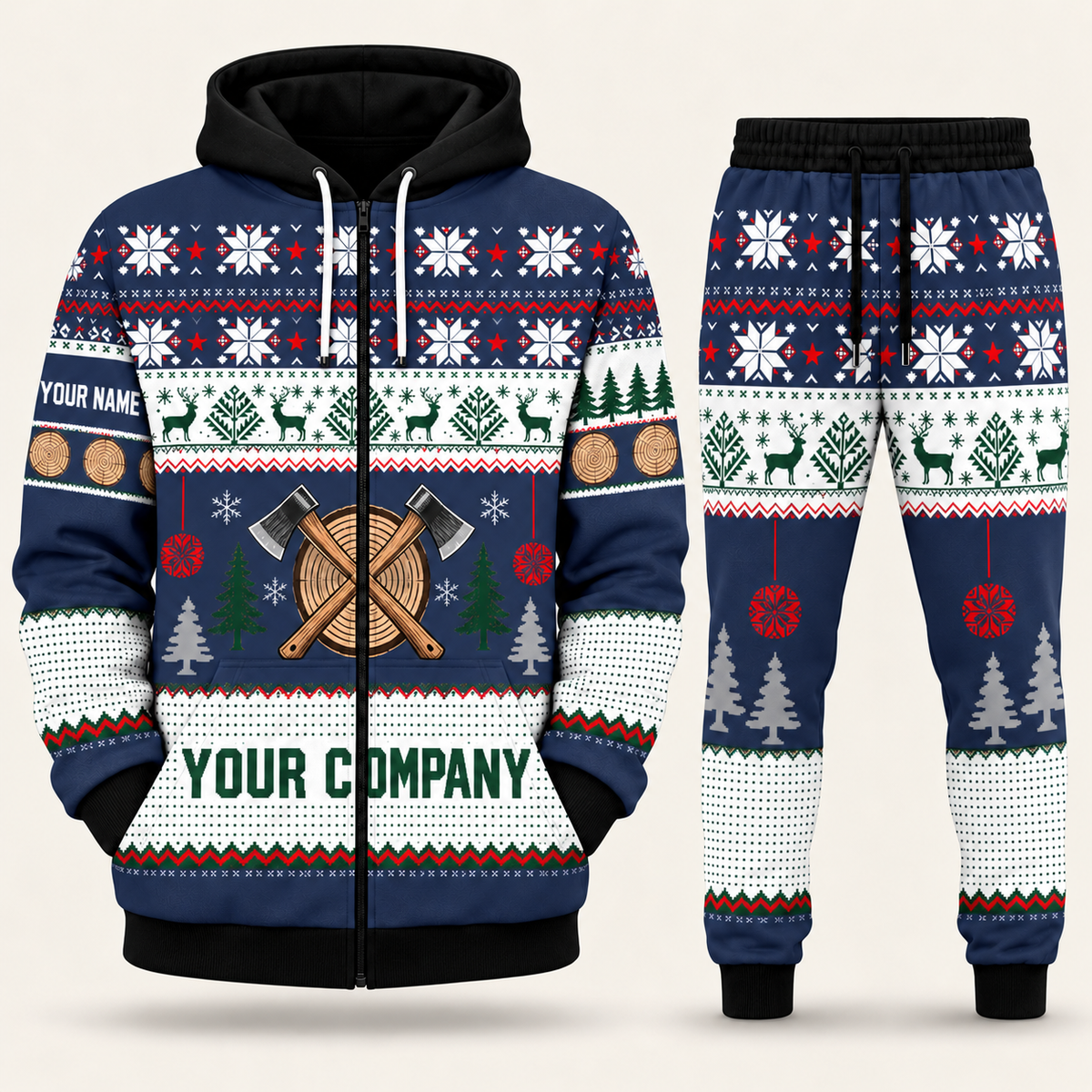 Logger Christmas zip hoodie and jogger navy with custom name and company