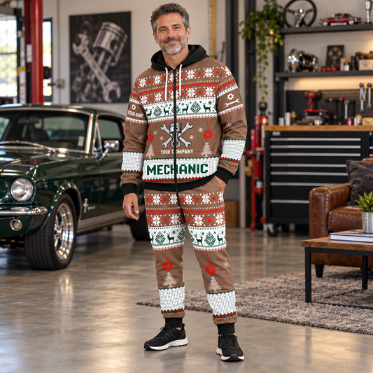 Mechanic Christmas zip hoodie and jogger lifestyle with custom name and company
