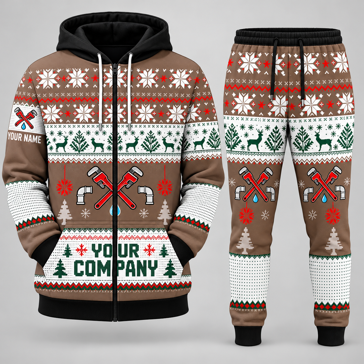 Plumber Christmas zip hoodie and jogger brown with custom name and company