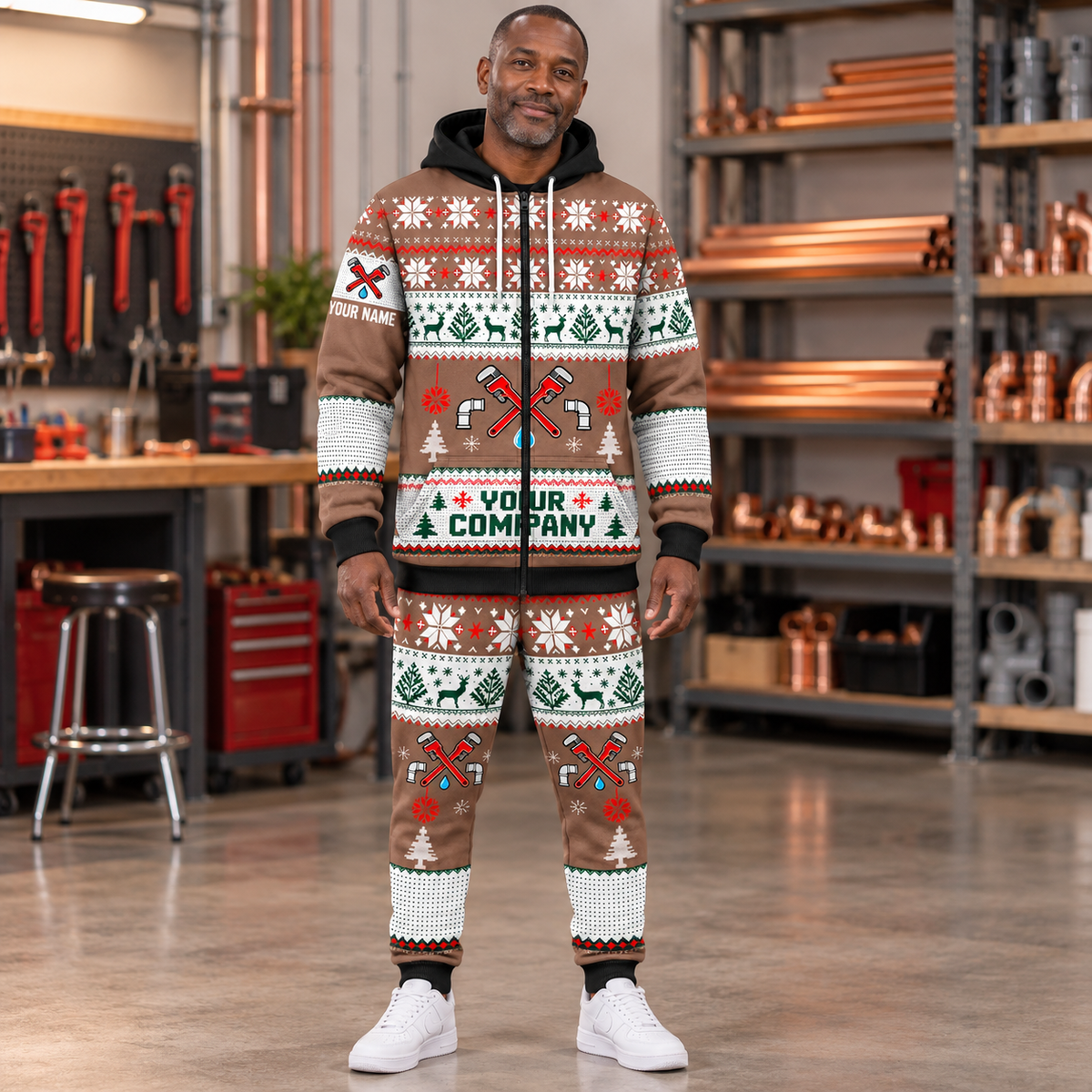 Plumber Christmas zip hoodie and jogger lifestyle with custom name and company
