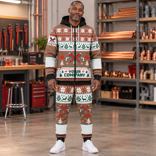 Plumber Christmas zip hoodie and jogger lifestyle with custom name and company
