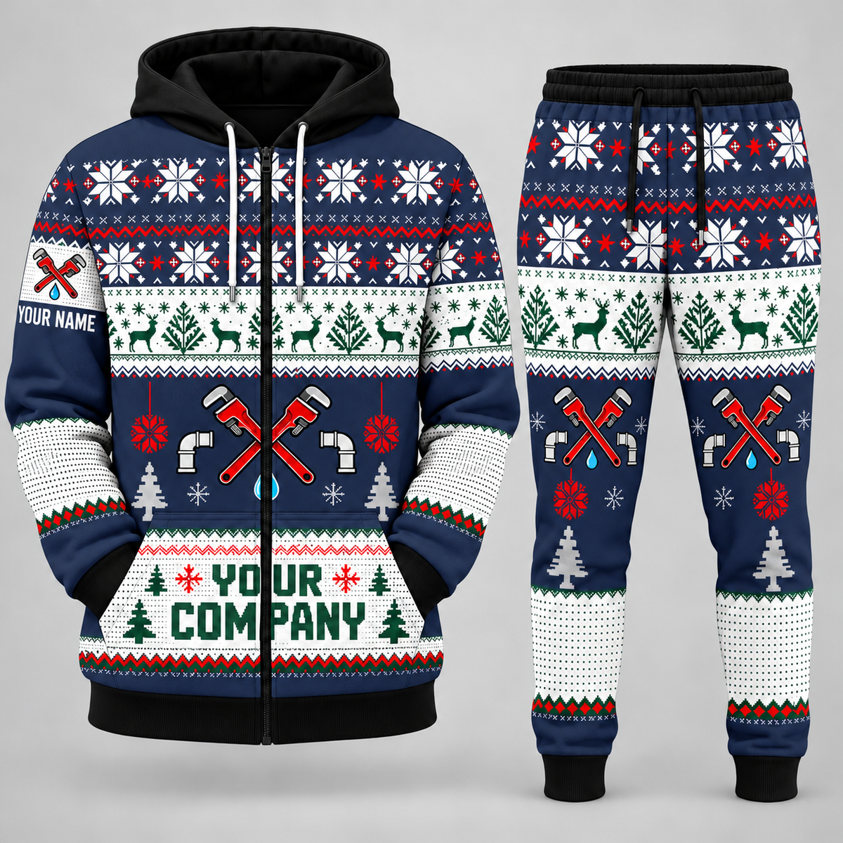 Plumber Christmas zip hoodie and jogger navy with custom name and company
