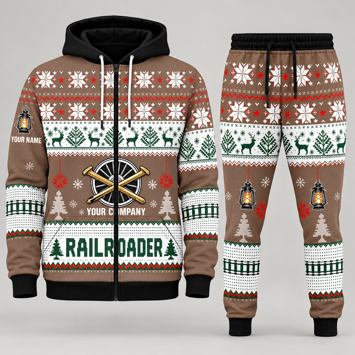Railroader Christmas zip hoodie and jogger brown with custom name and company