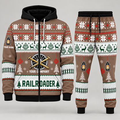 Railroader Christmas zip hoodie and jogger brown with custom name and company