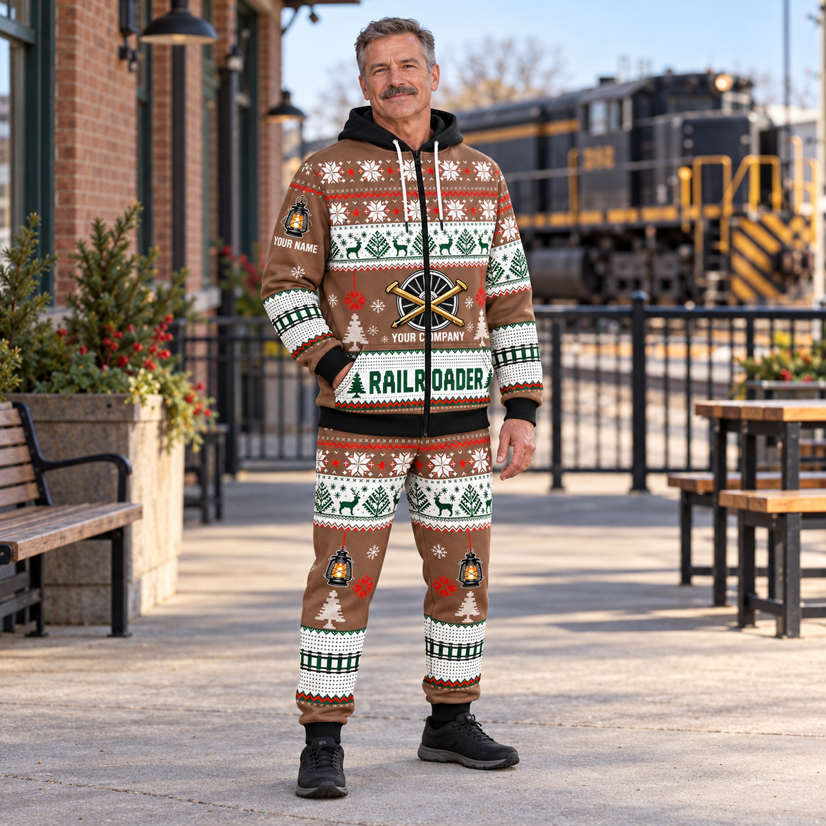 Railroader Christmas zip hoodie and jogger lifestyle with custom name and company