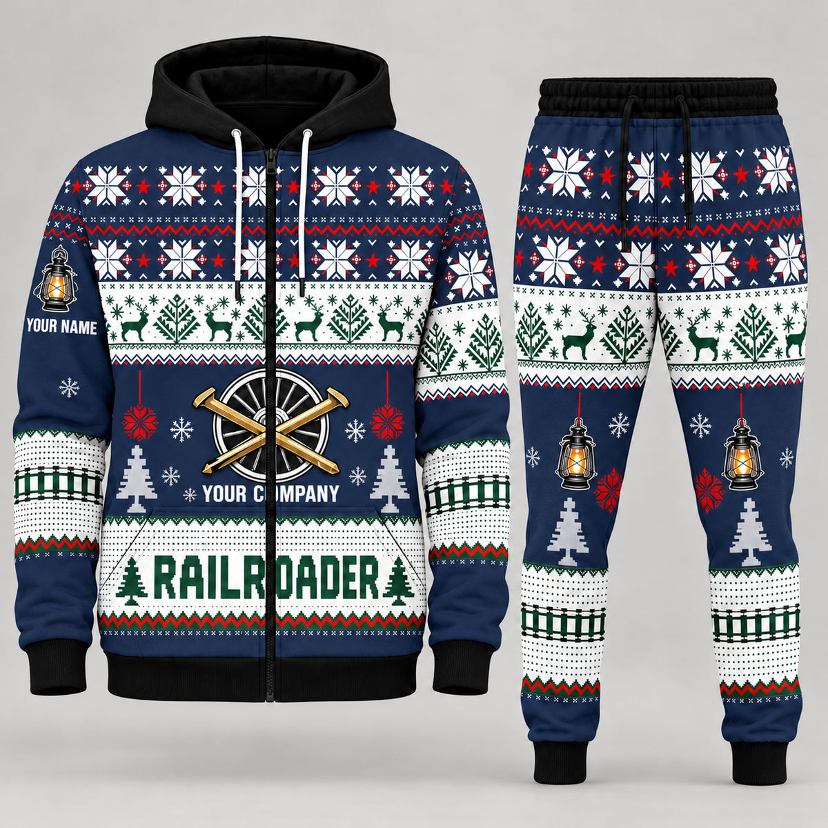 Railroader Christmas zip hoodie and jogger navy with custom name and company