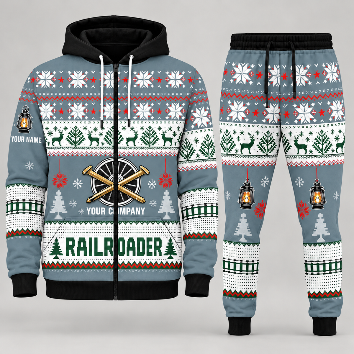 Railroader Christmas zip hoodie and jogger slate with custom name and company