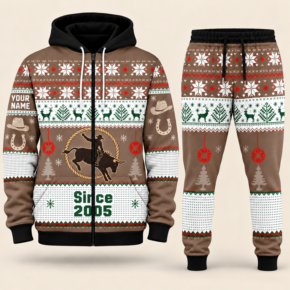 Rodeo Christmas zip hoodie and jogger brown with custom name and Since 2005