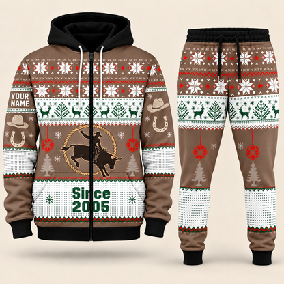 Rodeo Christmas zip hoodie and jogger brown with custom name and Since 2005