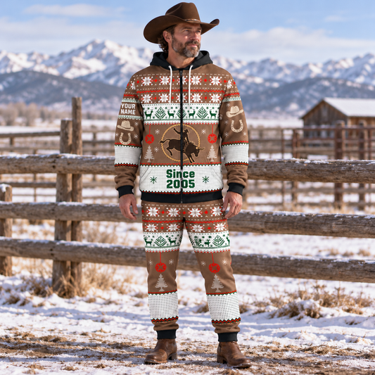 Rodeo Christmas zip hoodie and jogger hero with custom name and Since 2005