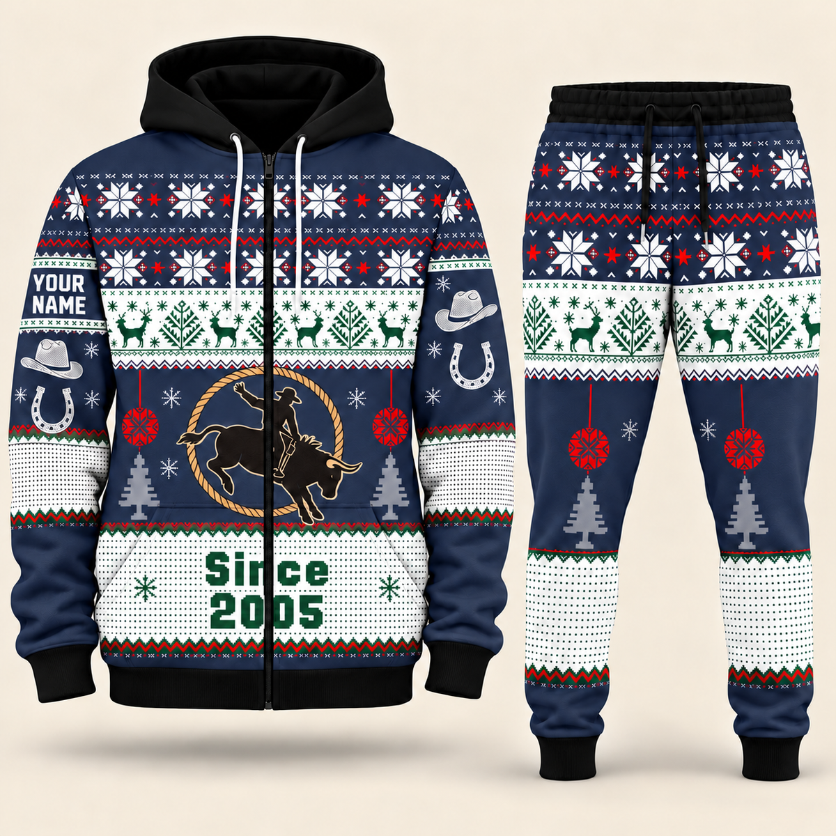 Rodeo Christmas zip hoodie and jogger navy with custom name and Since 2005