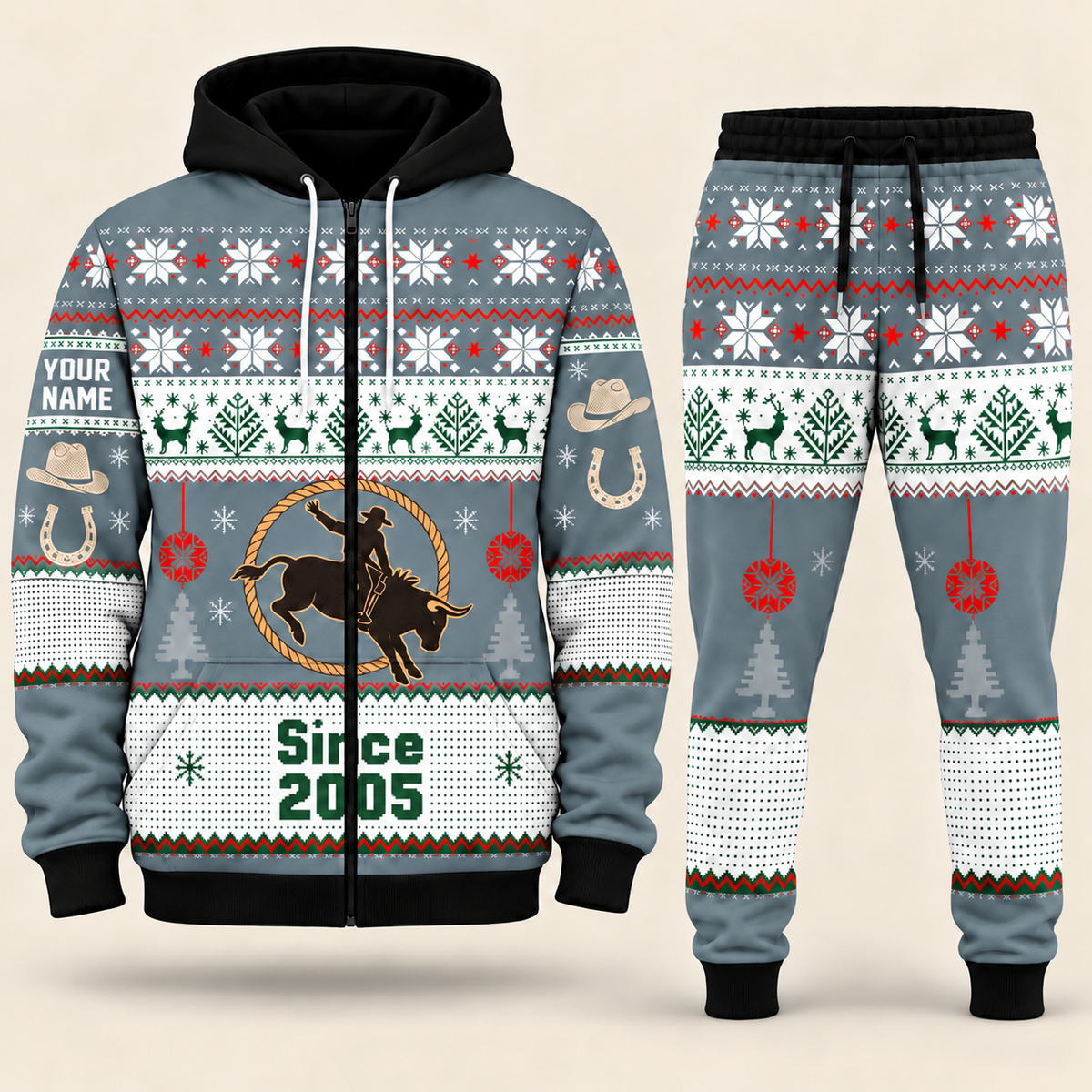 Rodeo Christmas zip hoodie and jogger slate with custom name and Since 2005