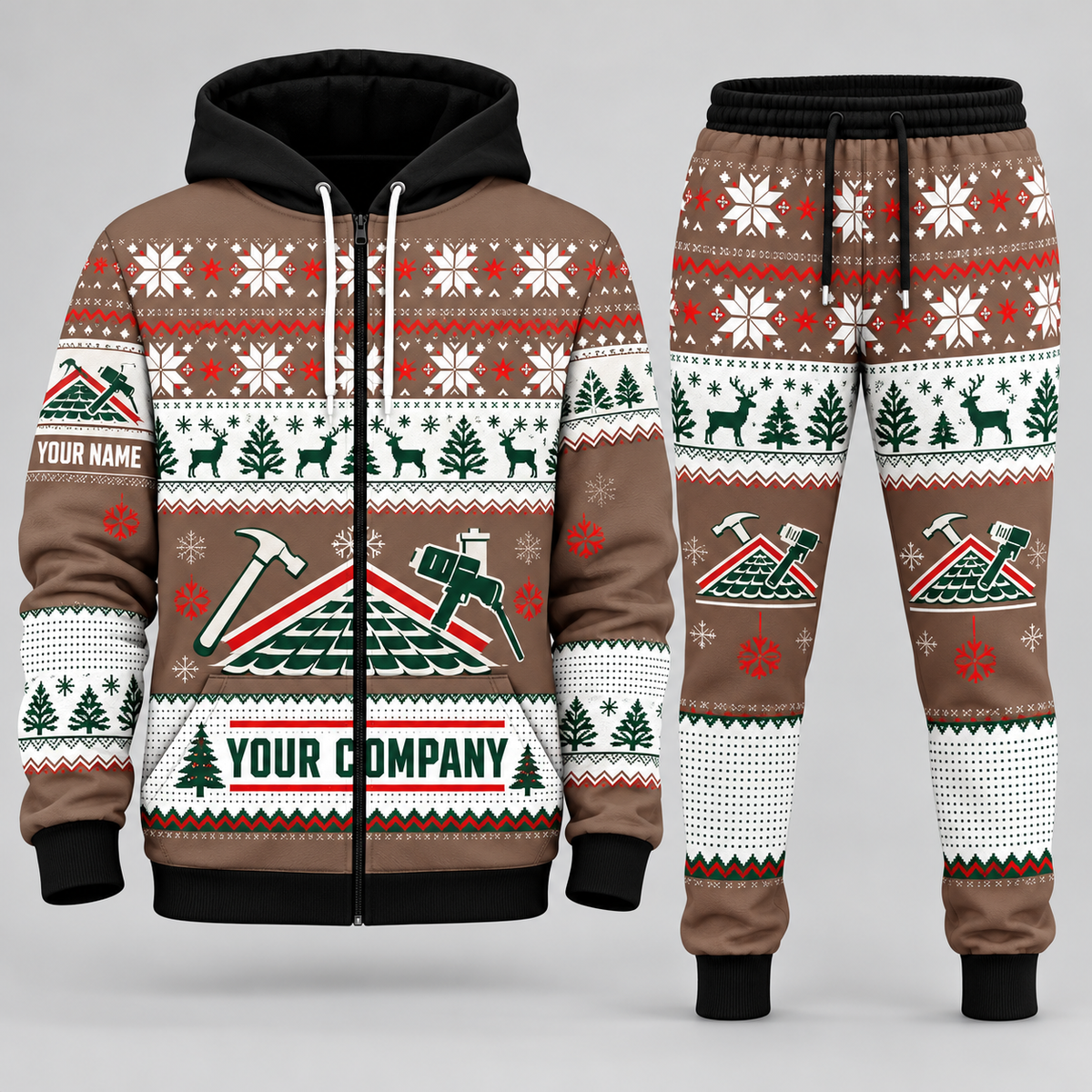 Roofer Christmas zip hoodie and jogger brown with custom name and company