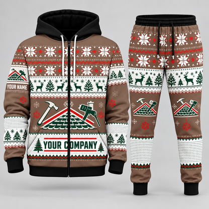 Roofer Christmas zip hoodie and jogger brown with custom name and company