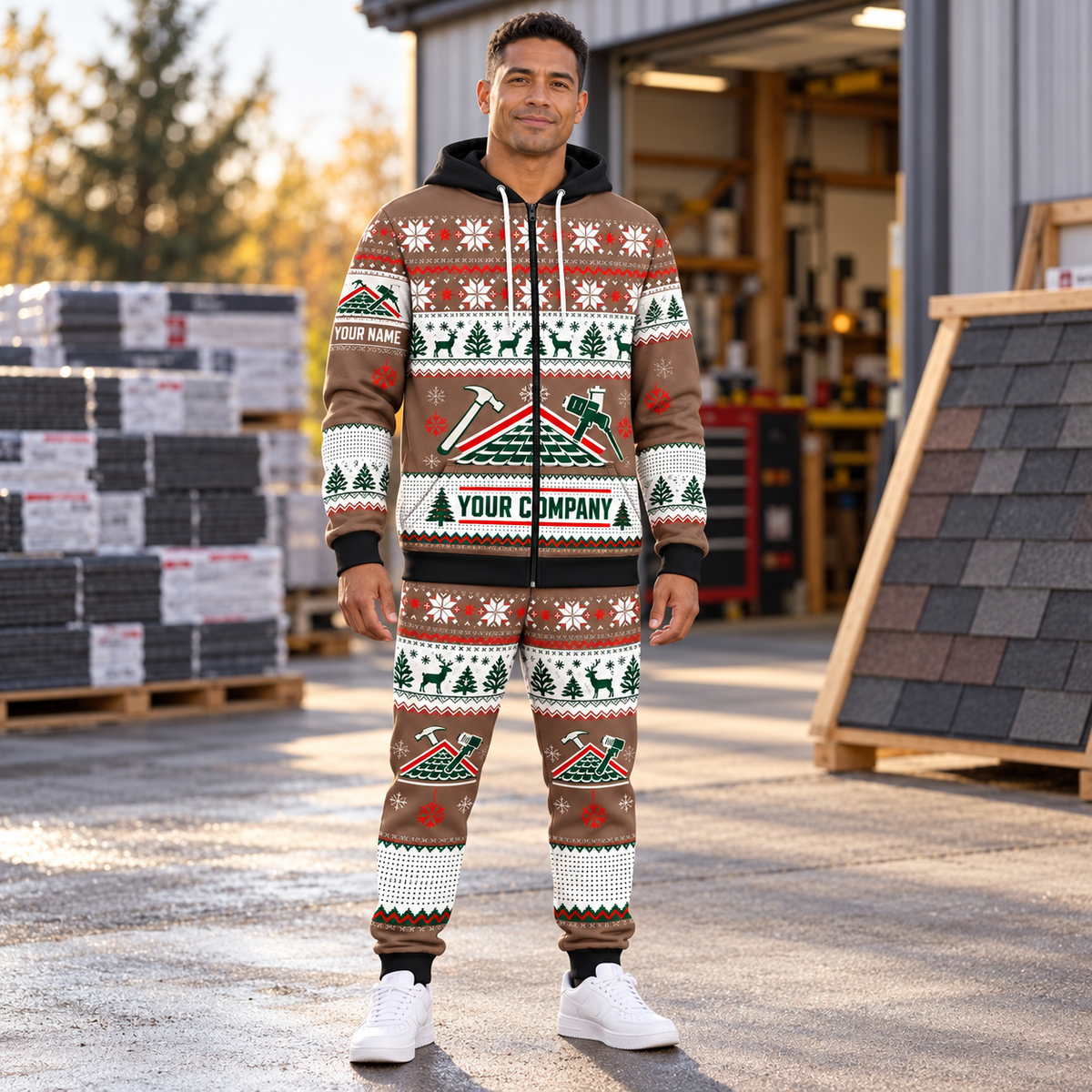 Roofer Christmas zip hoodie and jogger hero with custom name and company