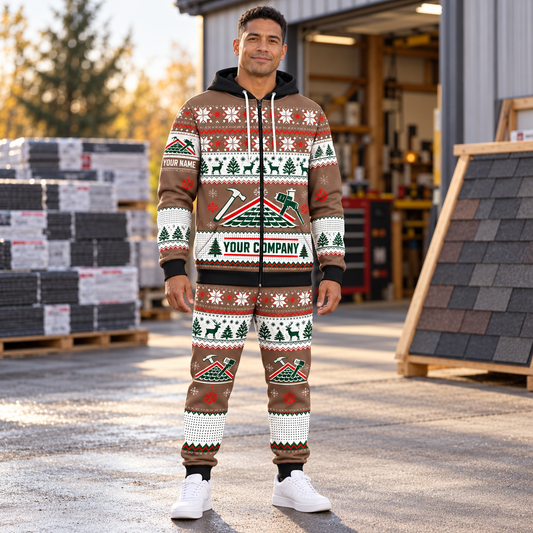 Roofer Christmas zip hoodie and jogger hero with custom name and company