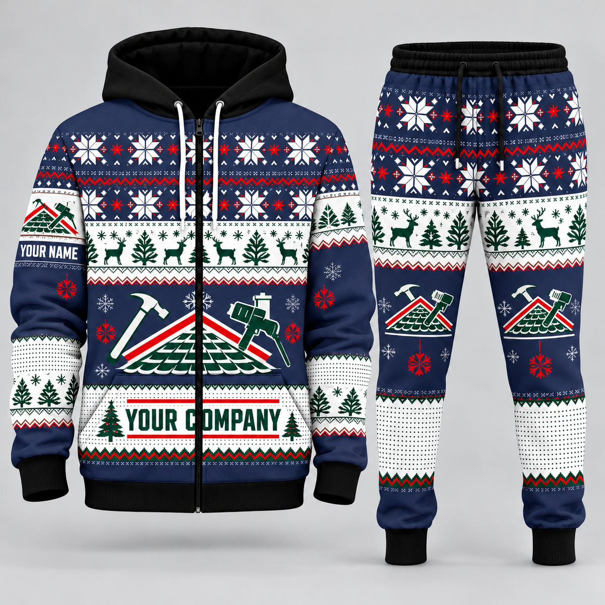 Roofer Christmas zip hoodie and jogger navy with custom name and company
