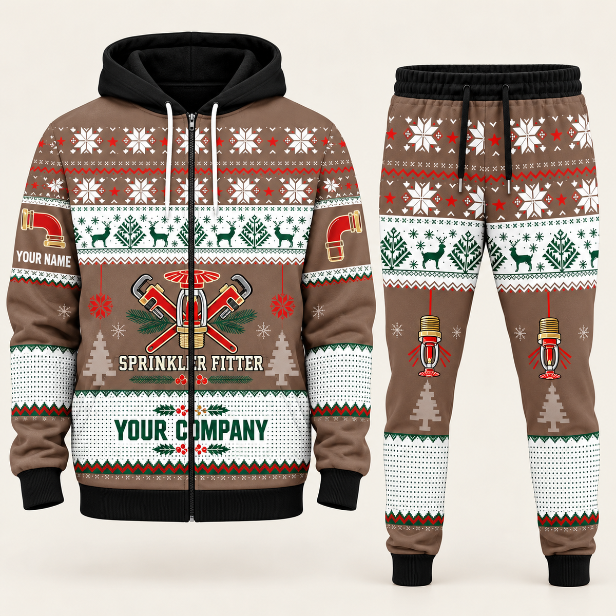 Sprinkler Fitter Christmas zip hoodie and jogger brown with custom name and company