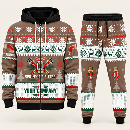 Sprinkler Fitter Christmas zip hoodie and jogger brown with custom name and company